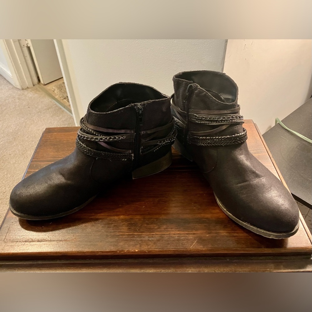 Motorcycle style booties in dark brown, size 10.